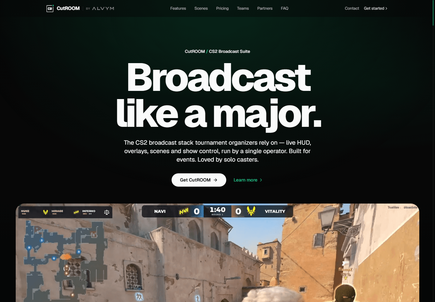 Page d’accueil officielle de CutROOM, suite de contrôle broadcast pour Counter-Strike 2